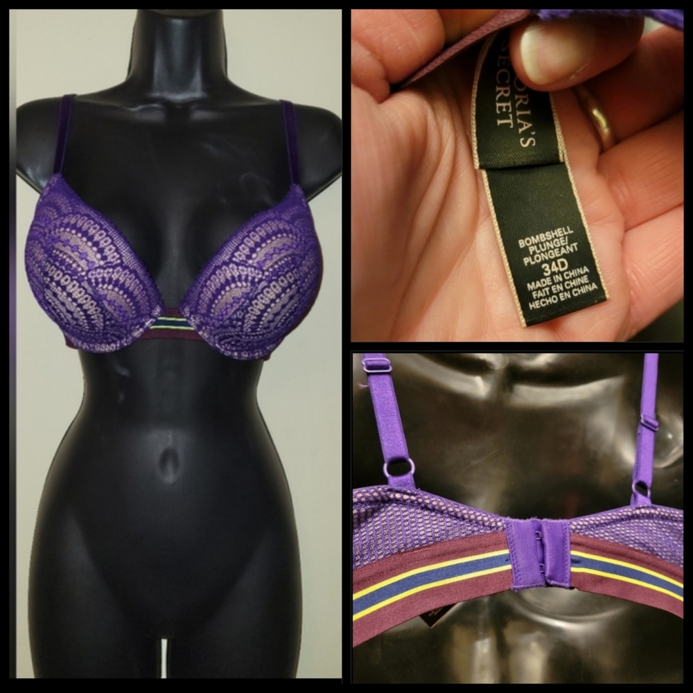 Victorias Secret purple rapture striped band bombshell plunge push up bra 34D - Picture 14 of 16